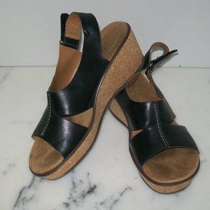 Clarks Black Leather & Cork Wedge Sandals 9
